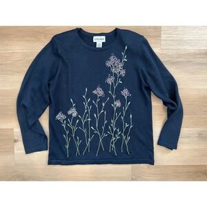 Alfred Dunner Women's Floral‎ Embroidered Beaded Sweater Navy Blue Size Small
